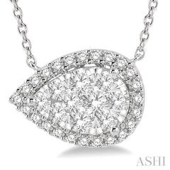 3/4 ctw Pear Shape Round Cut Diamond Lovebright Pendant With Chain in 14K White Gold