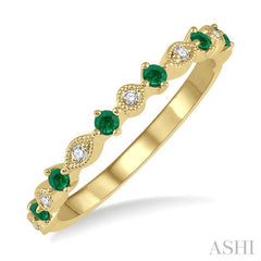 1.8 MM Round Cut Emerald and 1/20 ctw Round Cut Diamond Precious Half Eternity Wedding Band in 14K Yellow Gold