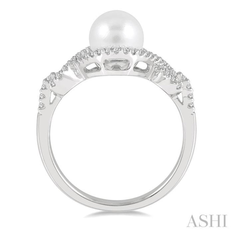 7 MM Round Shape Cultured Pearl and 1/5 ctw Round Cut Diamond Twisted Open Lattice Ring in 10K White Gold