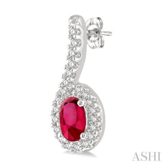 5x3 MM Hanging Arm Oval Cut Ruby and 1/6 ctw Round Cut Diamond Precious Earring in 10K White Gold