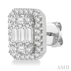 1 ctw Octagonal Baguette & Round Cut Diamond Stud Earrings in 14K White Gold