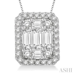 3/4 ctw Octagonal Baguette & Round Cut Diamond Pendant With Box Chain in 14K White Gold