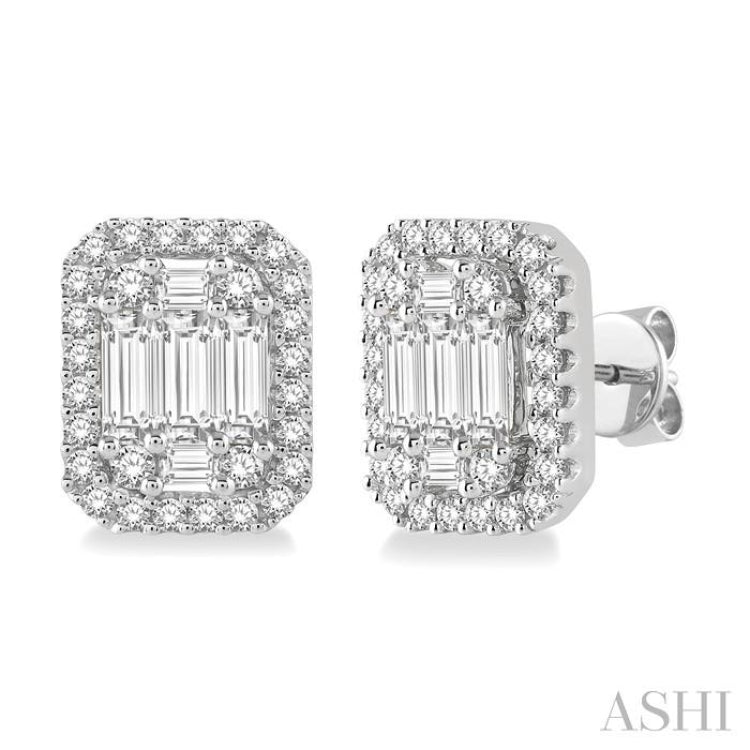 5/8 ctw Octagonal Baguette & Round Cut Diamond Stud Earrings in 14K White Gold