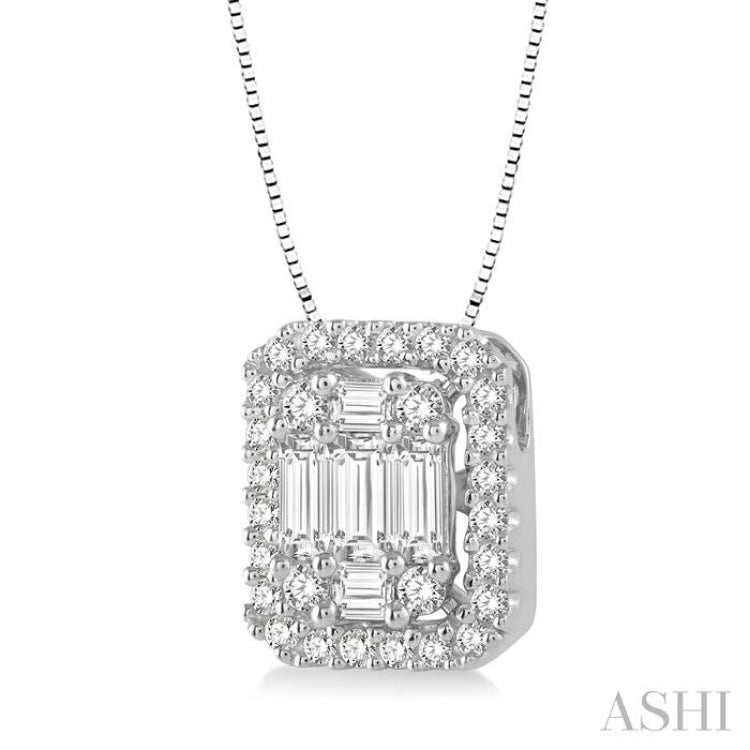 1/2 ctw Octagonal Baguette & Round Cut Diamond Pendant With Box Chain in 14K White Gold