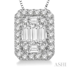 3/8 ctw Octagonal Baguette & Round Cut Diamond Pendant With Box Chain in 14K White Gold