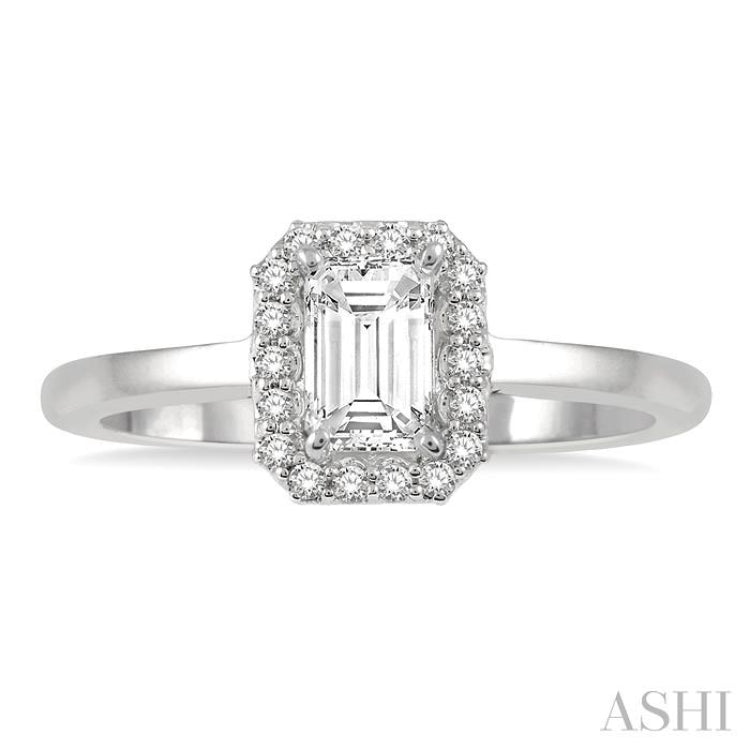 1/3 ctw Round Cut Diamond Engagement Ring With 1/4 ct Emerald Cut Center Stone in 14K White Gold
