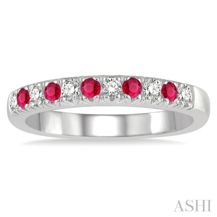 2 MM Ruby and 1/5 ctw Round Cut Diamond Precious Wedding Band in 14K White Gold