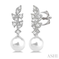 8 MM Cultured Pearlsr and 1/3 ctw Diamond Creepe Dangler Earrings in 14K White Gold
