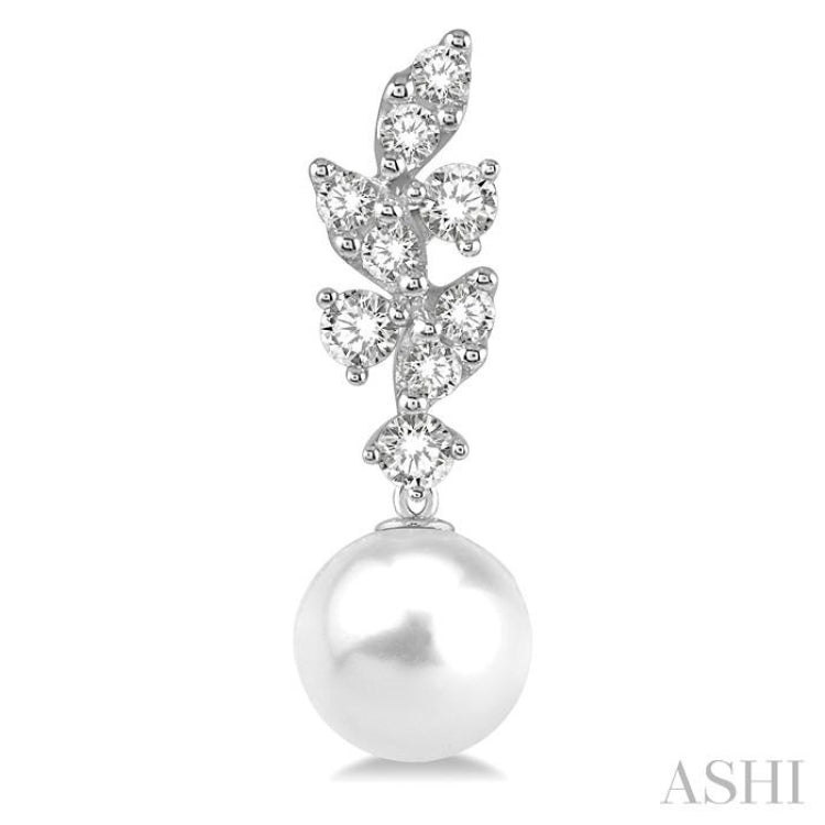 8 MM Cultured Pearlsr and 1/3 ctw Diamond Creepe Dangler Earrings in 14K White Gold