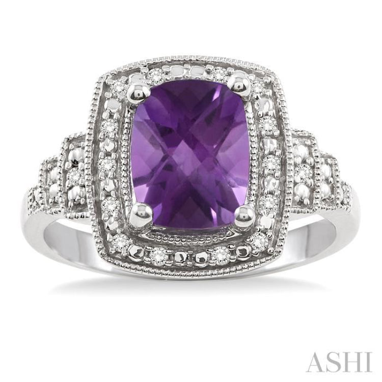 9x7 MM Cushion Shape Amethyst and 1/10 ctw Single Cut Diamond Ring in Sterling Silver