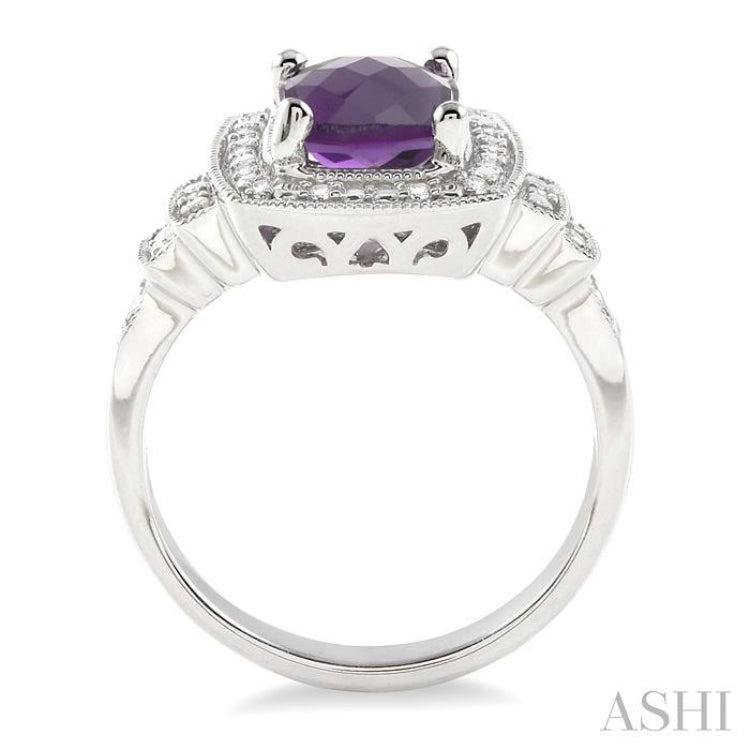 9x7 MM Cushion Shape Amethyst and 1/10 ctw Single Cut Diamond Ring in Sterling Silver