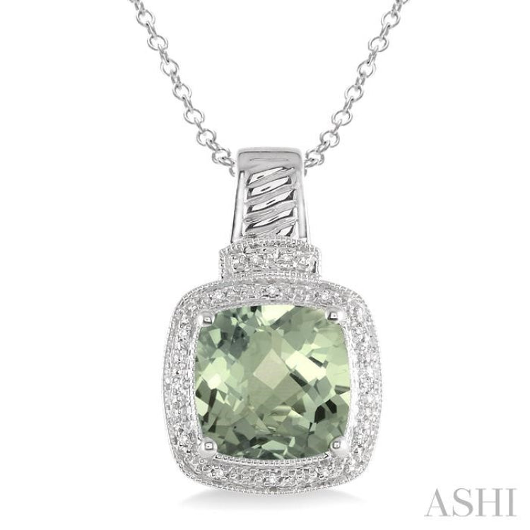 10x10 MM Cushion Shape Green Amethyst and 1/20 ctw Single Cut Diamond Pendant in Sterling Silver with Chain
