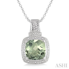 10x10 MM Cushion Shape Green Amethyst and 1/20 ctw Single Cut Diamond Pendant in Sterling Silver with Chain