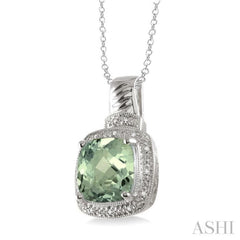 10x10 MM Cushion Shape Green Amethyst and 1/20 ctw Single Cut Diamond Pendant in Sterling Silver with Chain