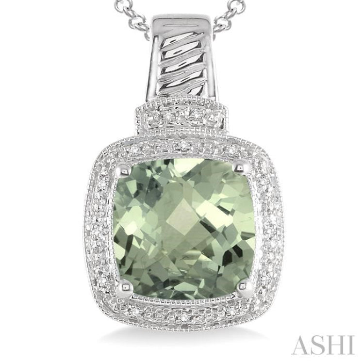 10x10 MM Cushion Shape Green Amethyst and 1/20 ctw Single Cut Diamond Pendant in Sterling Silver with Chain