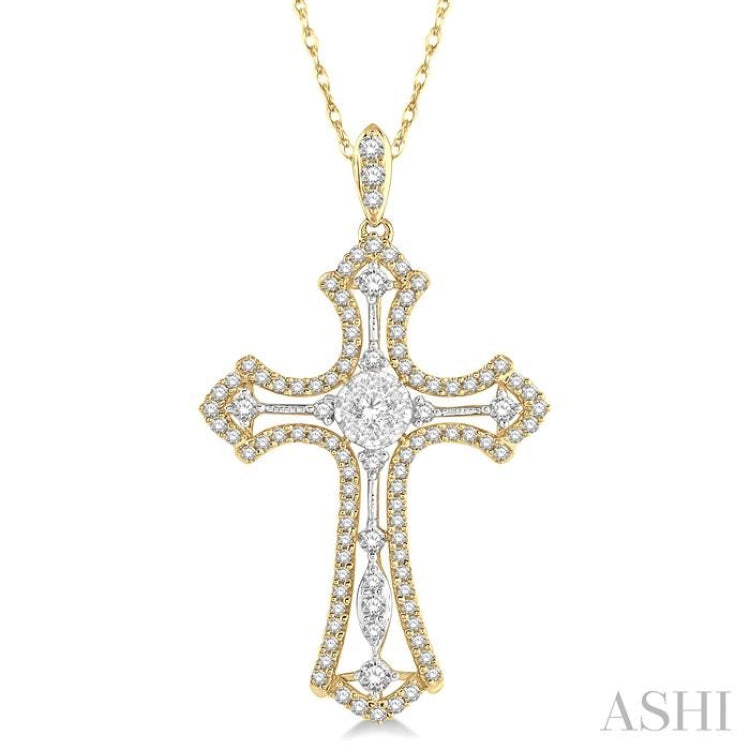 3/4 ctw Lovebright Round Cut Diamond Cross Pendant in 14K Yellow and White Gold