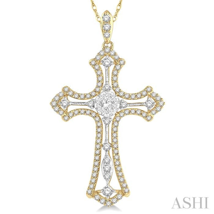 3/4 ctw Lovebright Round Cut Diamond Cross Pendant in 14K Yellow and White Gold
