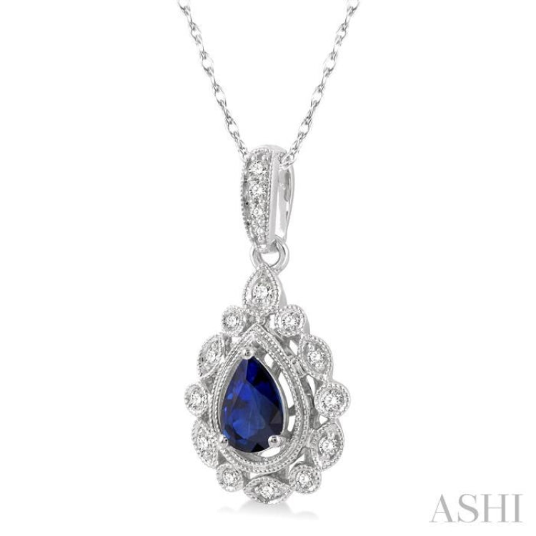 6x4 MM Pear Cut Sapphire and 1/8 ctw Lattice Round Cut Diamond Precious Pendant With Chain in 10K White Gold