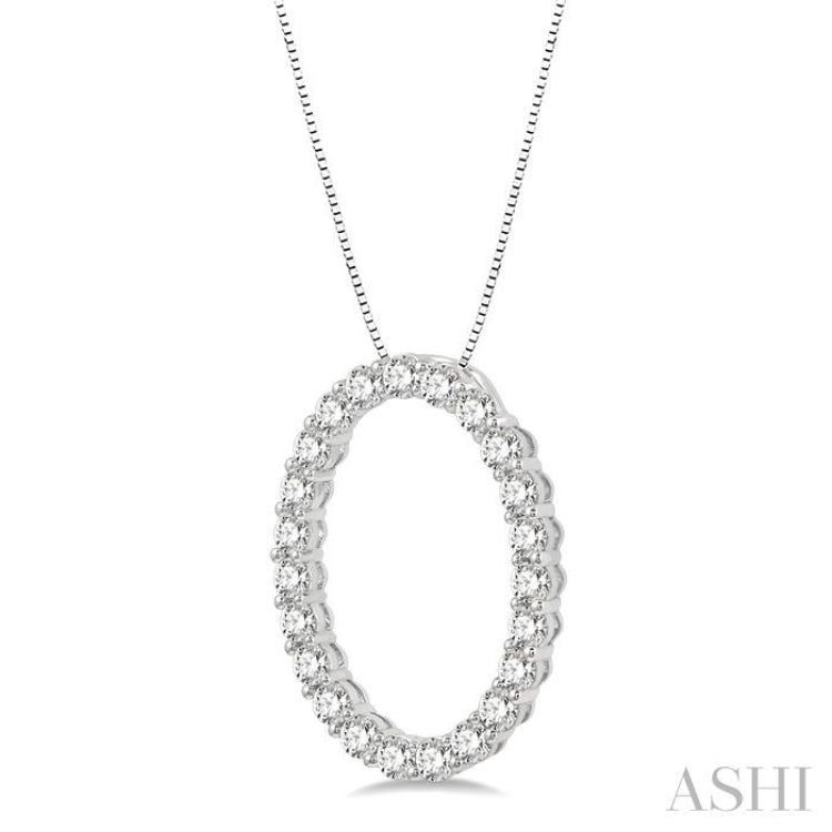 1 ctw Oval Shape Window Round Cut Diamond Pendant With Chain in 14K White Gold