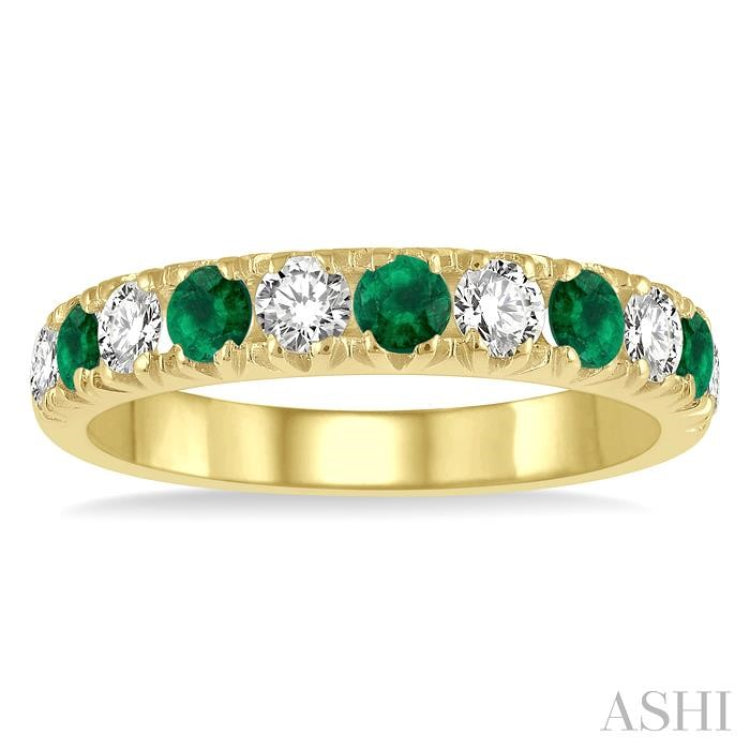 2.9 MM Emerald and 1/2 ctw Round Cut Diamond Precious Wedding Band in 14K Yellow Gold