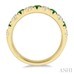 2.9 MM Emerald and 1/2 ctw Round Cut Diamond Precious Wedding Band in 14K Yellow Gold