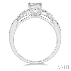 1/2 ctw Oval Shape Center Criss-Cross Carved Shank Lovebright Round Cut Diamond Engagement Ring in 14K White Gold