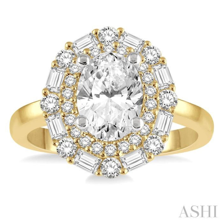 3/4 ctw Oval Shape Baguette and Round Cut Diamond Semi-Mount Engagement Ring in 14K Yellow and White Gold
