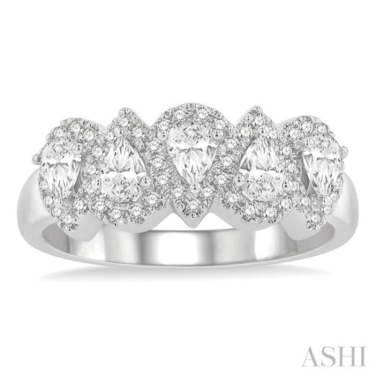 1 ctw Pear Shape 5 Stone Pear & Round Cut Diamond Halo Wedding Band in 14K White Gold