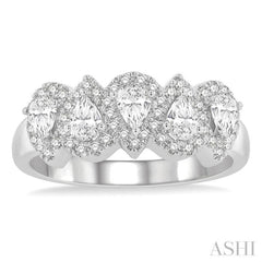 1 ctw Pear Shape 5 Stone Pear & Round Cut Diamond Halo Wedding Band in 14K White Gold