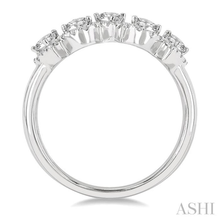 1 ctw Pear Shape 5 Stone Pear & Round Cut Diamond Halo Wedding Band in 14K White Gold