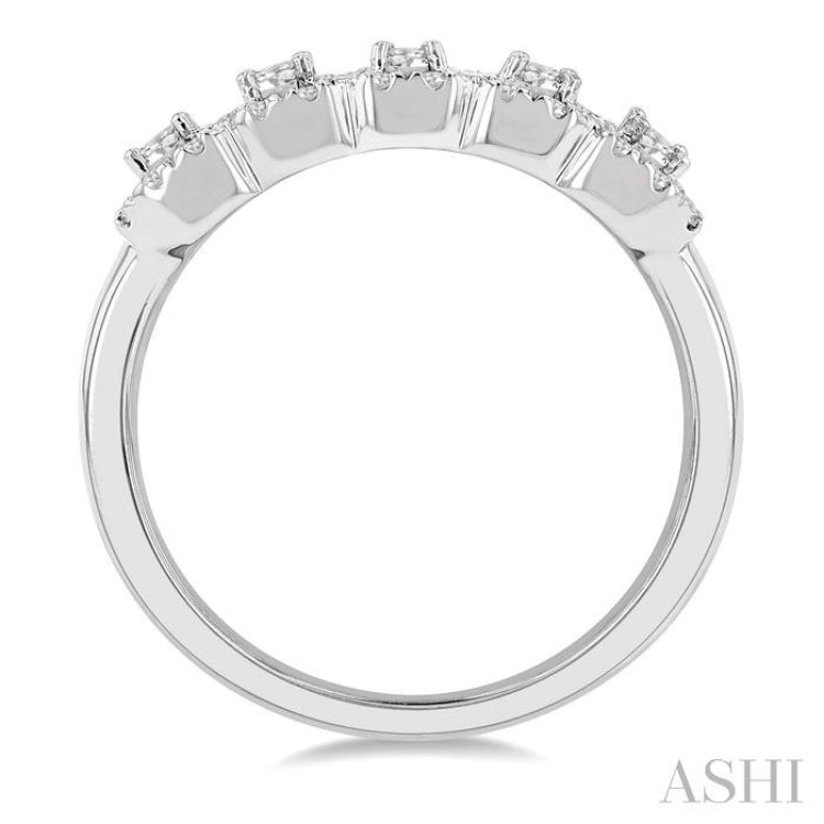 1 ctw Emerald Shape 5 Stone Emerald & Round Cut Diamond Halo Wedding Band in 14K White Gold