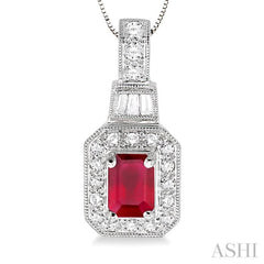 6x4 MM Emerald Shape Ruby and 1/4 ctw Round and Baguette Cut Diamond Pendant in 14K White Gold with Chain