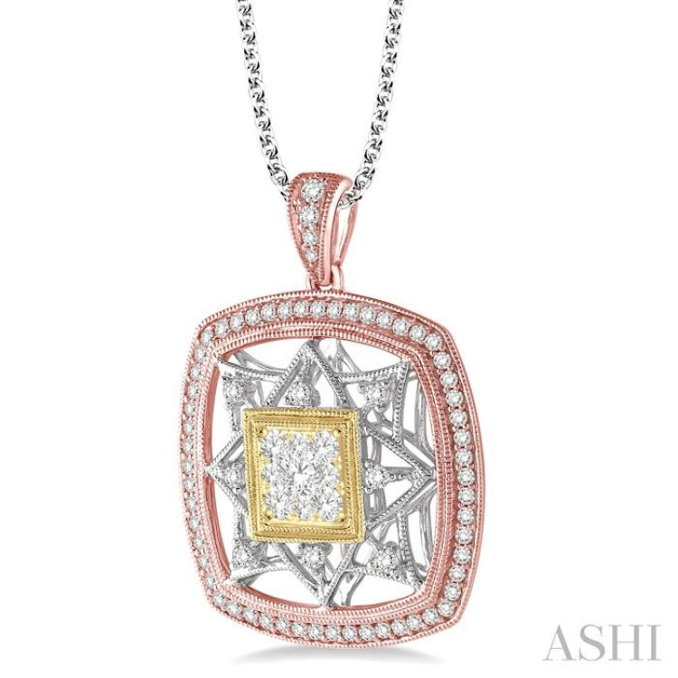 3/4 ctw Round Cut Diamond Lovebright Pendant in 14K Tri Color Gold with Chain