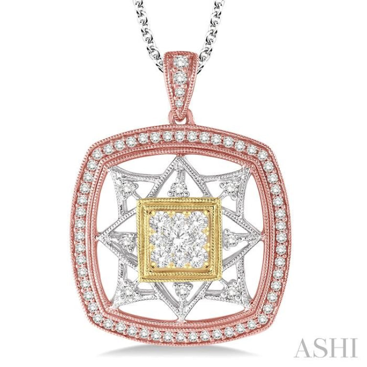 3/4 ctw Round Cut Diamond Lovebright Pendant in 14K Tri Color Gold with Chain