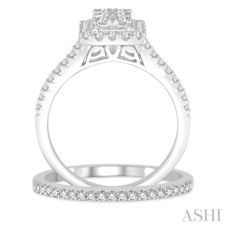 3/4 ctw Diamond Lovebright Wedding Set with 5/8 ctw Emerald Shape Engagement Ring and 1/6 ctw Wedding Band in 14K White Gold