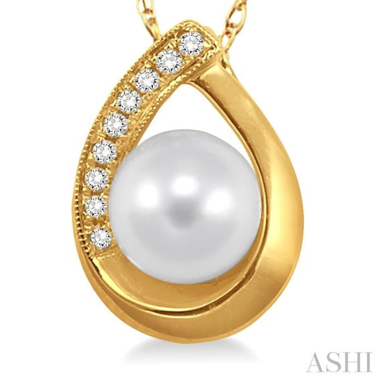 6.5 MM Round Shape Cultured Pearl and 1/20 ctw Round Cut Diamond Pendant in 10K Yellow Gold with Chain