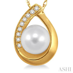 6.5 MM Round Shape Cultured Pearl and 1/20 ctw Round Cut Diamond Pendant in 10K Yellow Gold with Chain