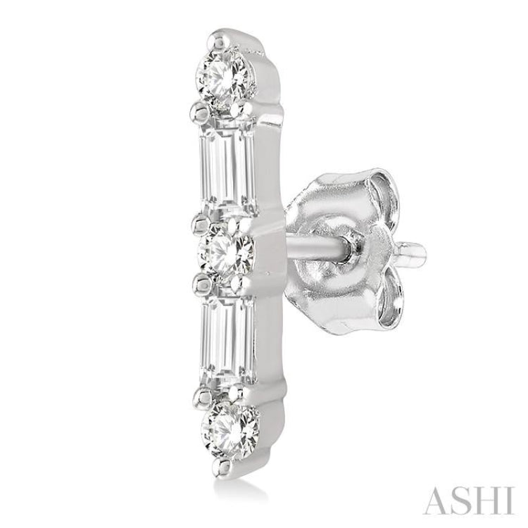 1/6 ctw Solid Bar Baguette and Round Cut Diamond Petite Earring in 10K White Gold