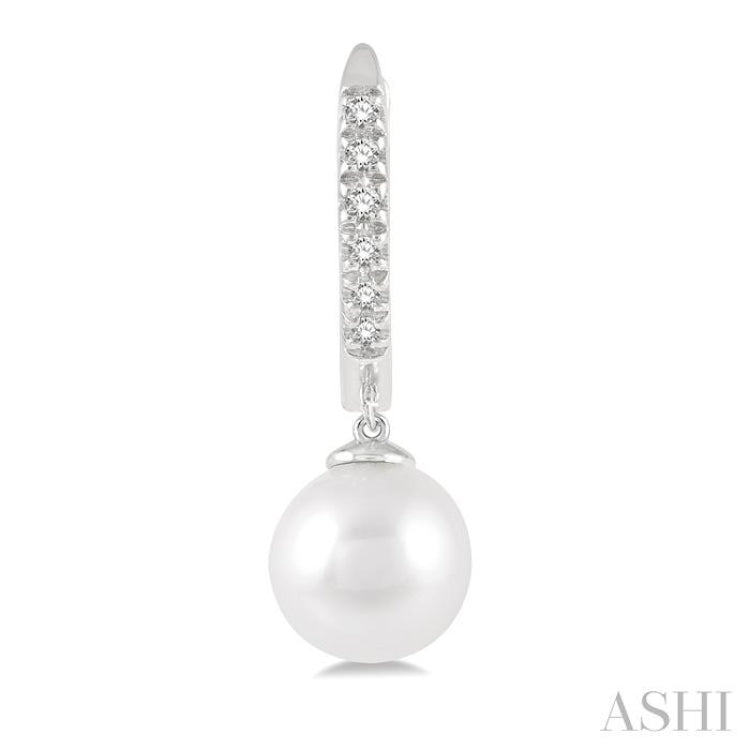 6 MM Round Shape Cultured Pearls and 1/8 ctw Round Cut Diamond Drop Petite Huggie Earrings 10K White Gold