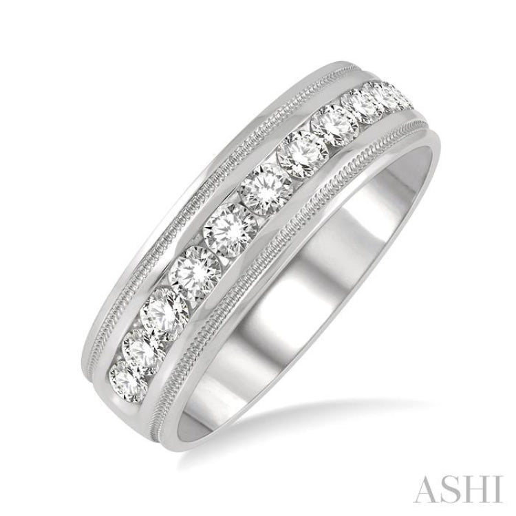 1 ctw Parallel Milgrain & Niched Center Round Cut Diamond Men's Wedding Band in 14K White Gold