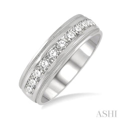 1 ctw Parallel Milgrain & Niched Center Round Cut Diamond Men's Wedding Band in 14K White Gold
