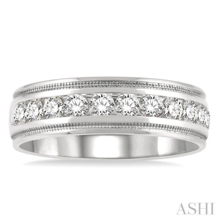 1 ctw Parallel Milgrain & Niched Center Round Cut Diamond Men's Wedding Band in 14K White Gold
