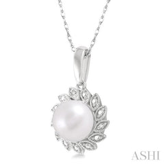 7x7 MM Round Shape Cultured Pearl and 1/10 ctw Sunflower Round Cut Diamond Pendant With Chain in 10K White Gold