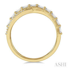 3/8 ctw Wide Split Cross Over Baguette and Round Cut Diamond Fashion Ring in 14K Yellow Gold