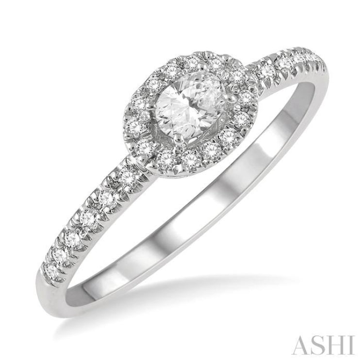 1/3 ctw Oval Shape Round Cut Diamond Fashion Petite Ring with 1/6 ct Oval Cut Center Stone in 14K White Gold
