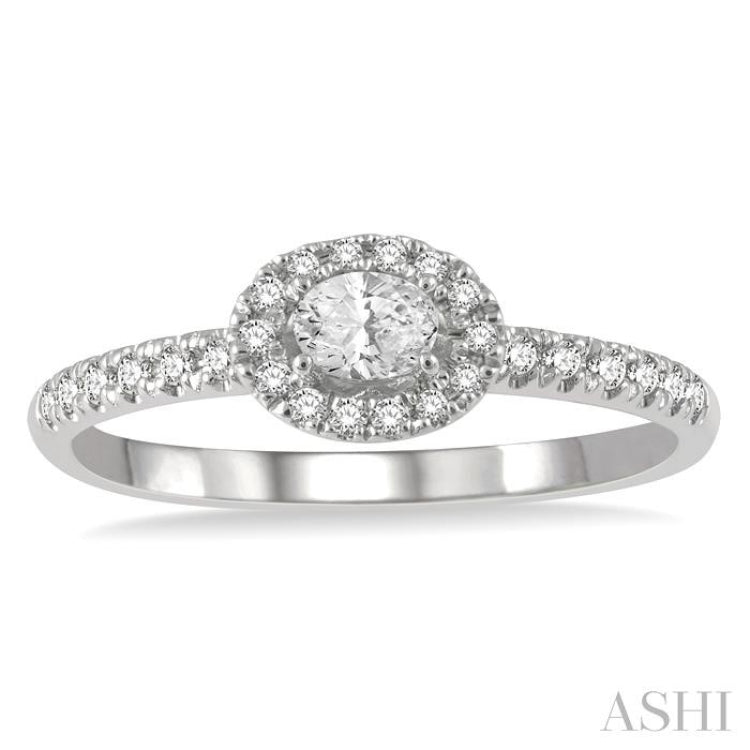 1/3 ctw Oval Shape Round Cut Diamond Fashion Petite Ring with 1/6 ct Oval Cut Center Stone in 14K White Gold