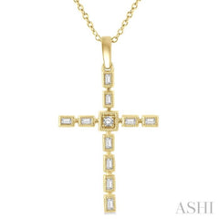 1/5 ctw Baguette and Round Cut Diamond Cross Pendant With Chain in 10K Yellow Gold