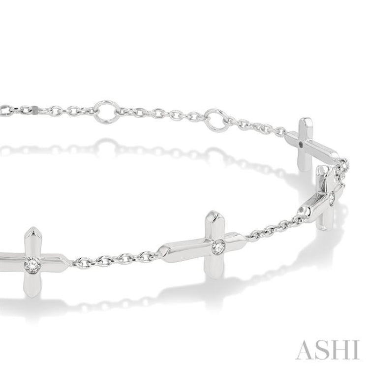 1/6 ctw Cross Charm Petite Round Cut Diamond Station Bracelet in 10K White Gold