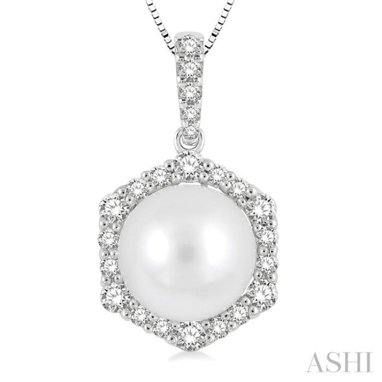 8 MM Cultured Pearl and 1/3 ctw Hexagon Shape Round Cut Diamond Pendant With Chain in 14K White Gold