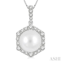 8 MM Cultured Pearl and 1/3 ctw Hexagon Shape Round Cut Diamond Pendant With Chain in 14K White Gold